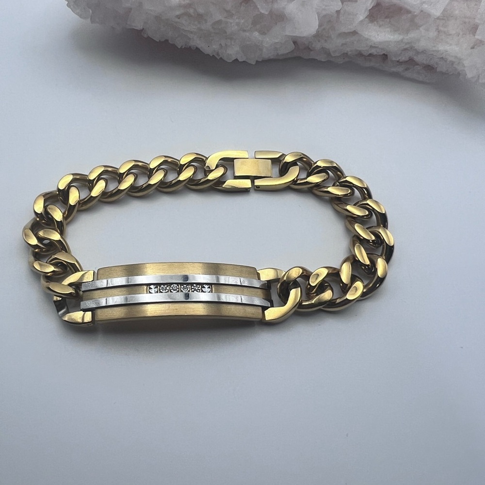 Mens 1/10 Carat Diamond Accent Gold & Silver Stainless Steel Curb Chain Bracelet - Picture 2 of 3